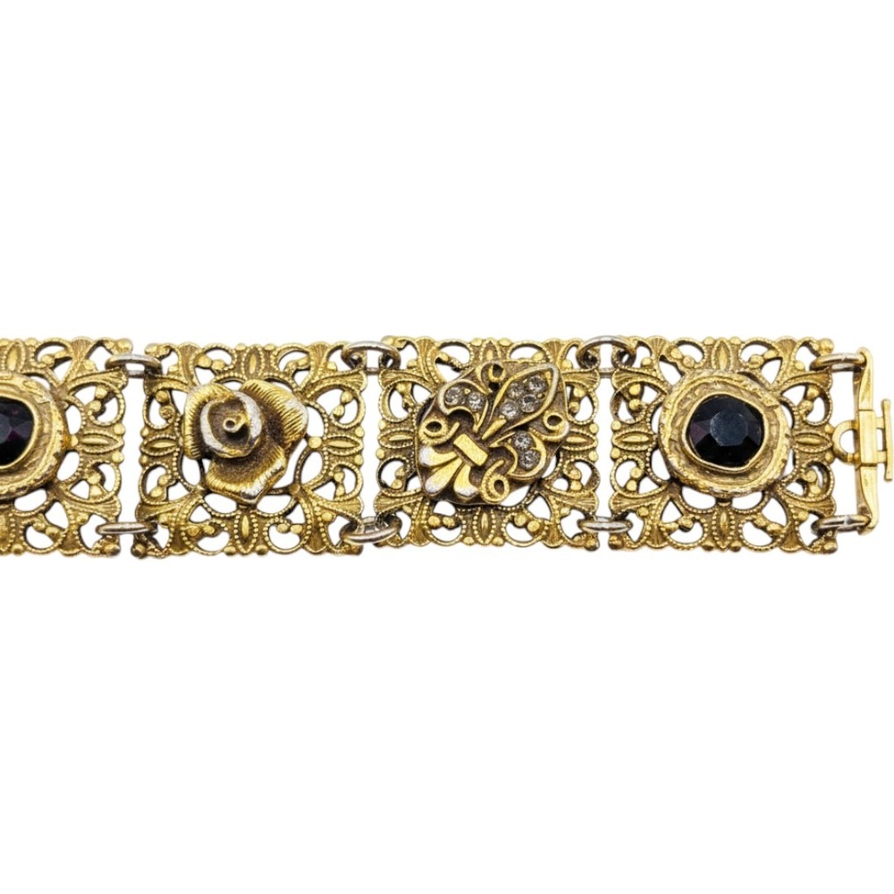 Goldette NY Vintage Victorian Revival Filigree Panel Bracelet Gold Tone 7.25in